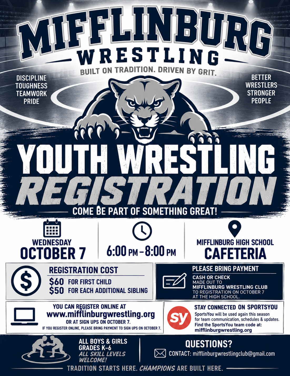 Mifflinburg Youth Wrestling registration flyer for October 7, 2026